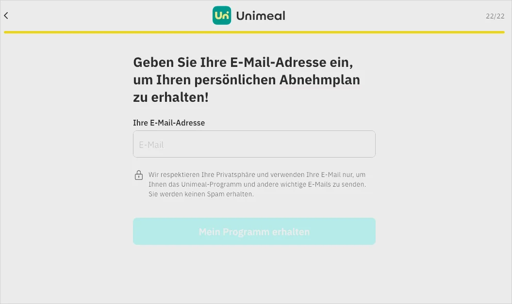 Nach 22 Fragen zu Ernährungsgewohnheiten erhalten Nutzer:innen ihre Auswertung erst nach Angabe der E-Mail Adresse. 