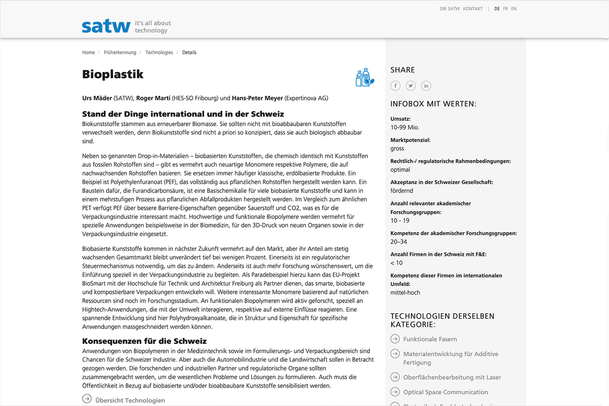 SATW Technology Outlook - Detailseite mit Infobox