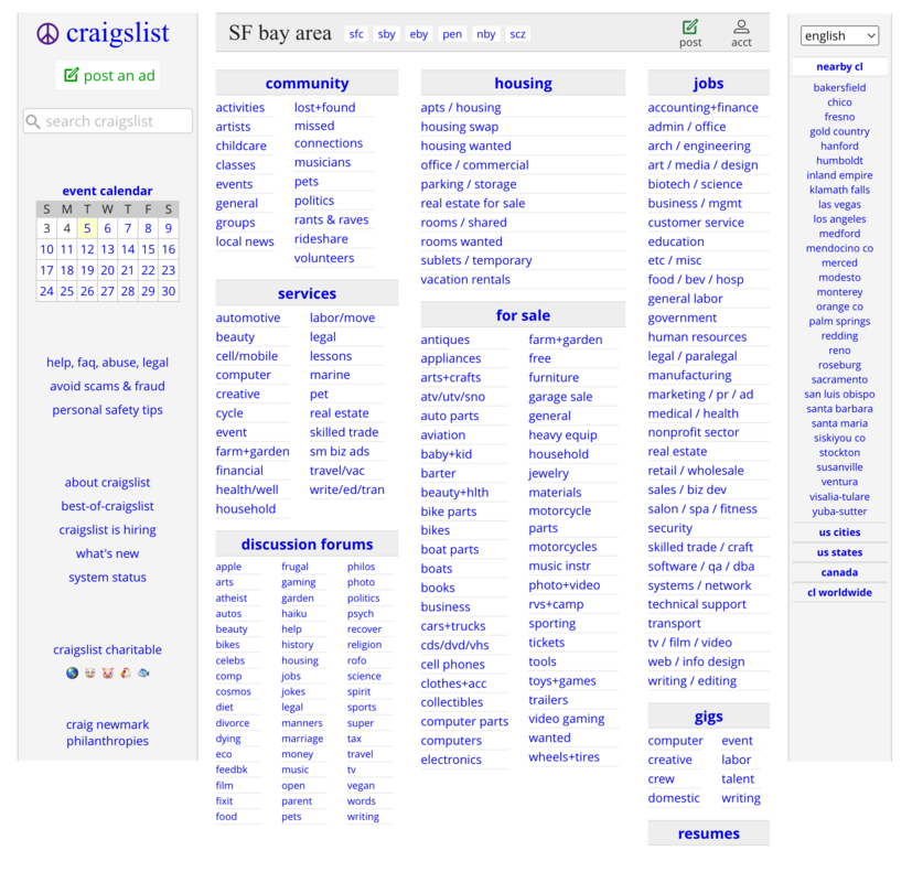 Craigslist als Beispiel für eine Webseite im Brutalismus Design