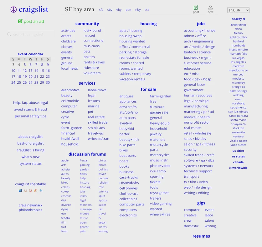 Craigslist als Beispiel für eine Webseite im Brutalismus Design