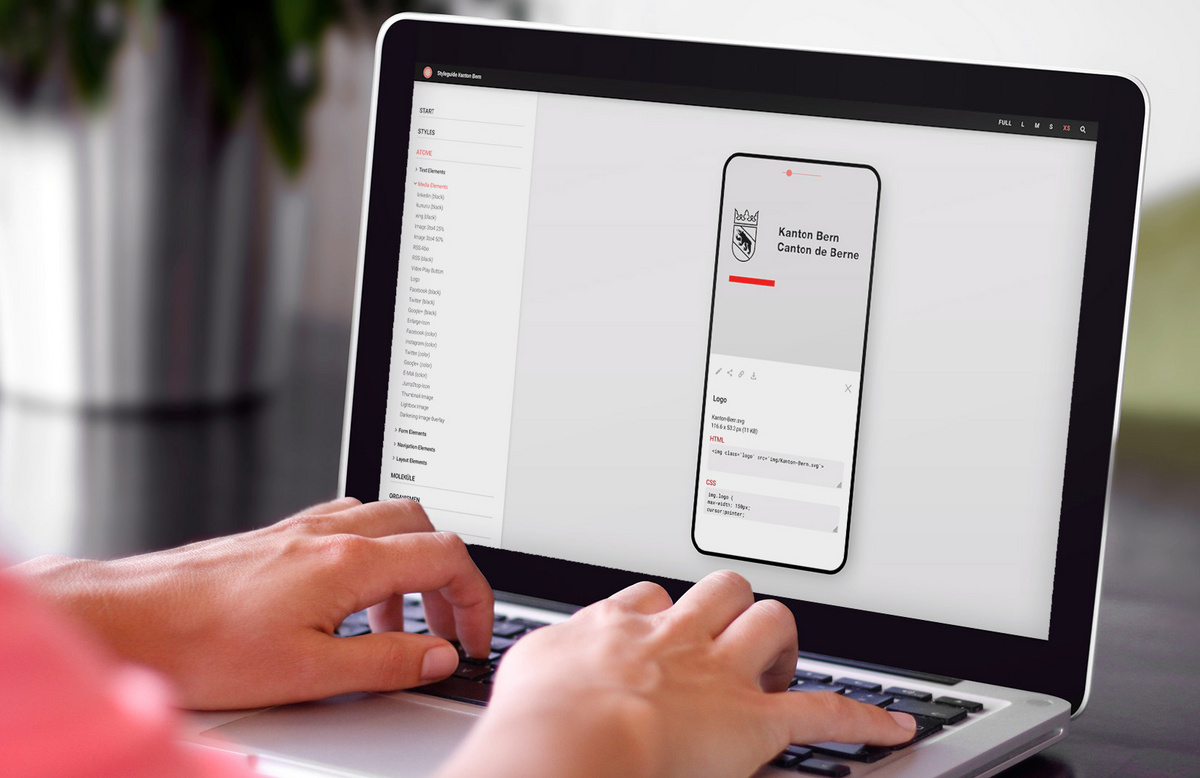 Person betrachtet auf ihrem Computer die Website des Design-Systems des Kantons Bern.