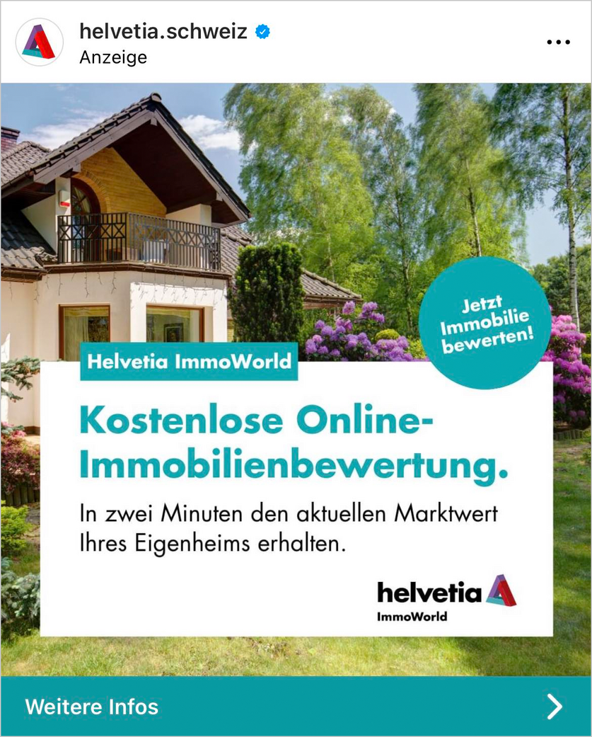 Helvetia bietet ihren Nutzer:innen eine kostenlose Online-Immobilienbewertung. Helvetia bietet ihren Nutzer:innen eine kostenlose Online-Immobilienbewertung.