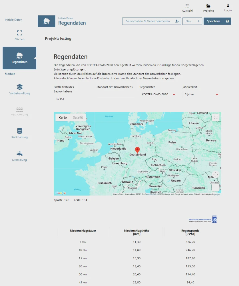 Screenshot des ACO ProjectManagers im Bereich «Regendaten» mit interaktiver Standortkarte und tabellarischer Darstellung von Niederschlagsdaten nach KOSTRA-DWD-2020.
