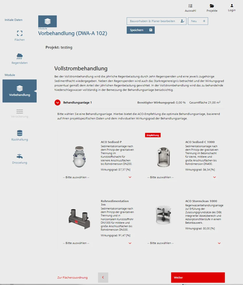 Screenshot des ACO ProjectManagers im Modul «Vorbehandlung (DWA-A 102)» mit Auswahl von Sedimentationsanlagen für die Vollstrombehandlung von Regenwasser.