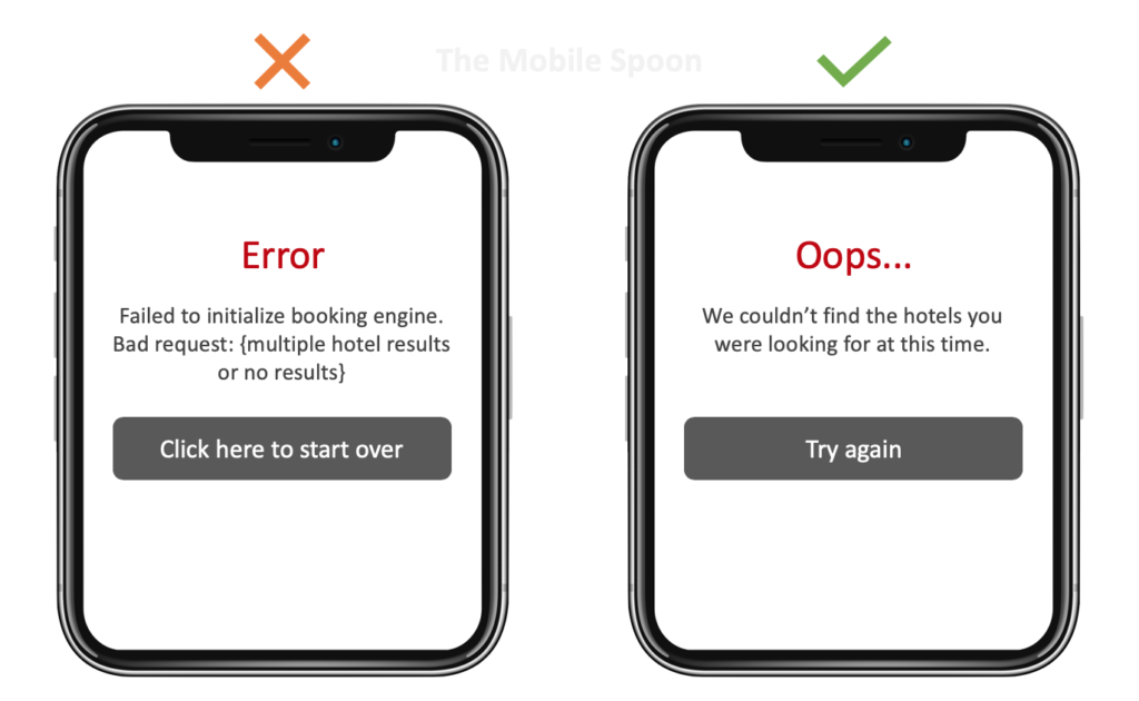 Schwer verständlicher Text bei einer Fehlermeldung (links) / Gut verständlicher Text bei einer Fehlermeldung (rechts)